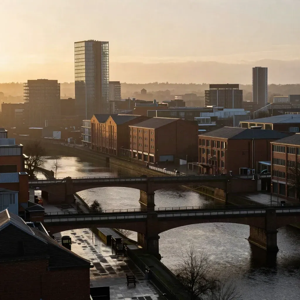 Golden-hour Birmingham canals with viaducts and glass towers in hazy West Midlands light