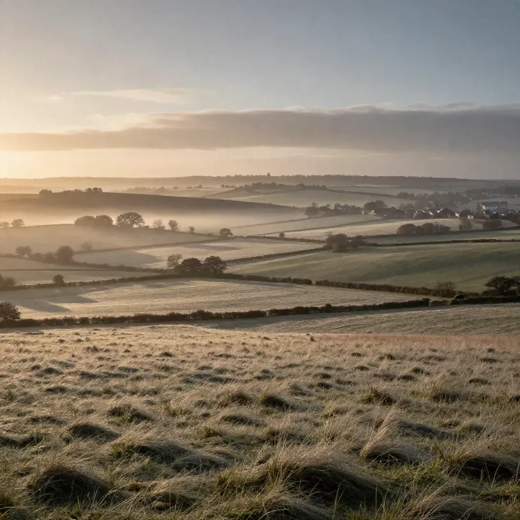 Sunrise over chalk downs and hedgerows with a distant town edge in South East England.