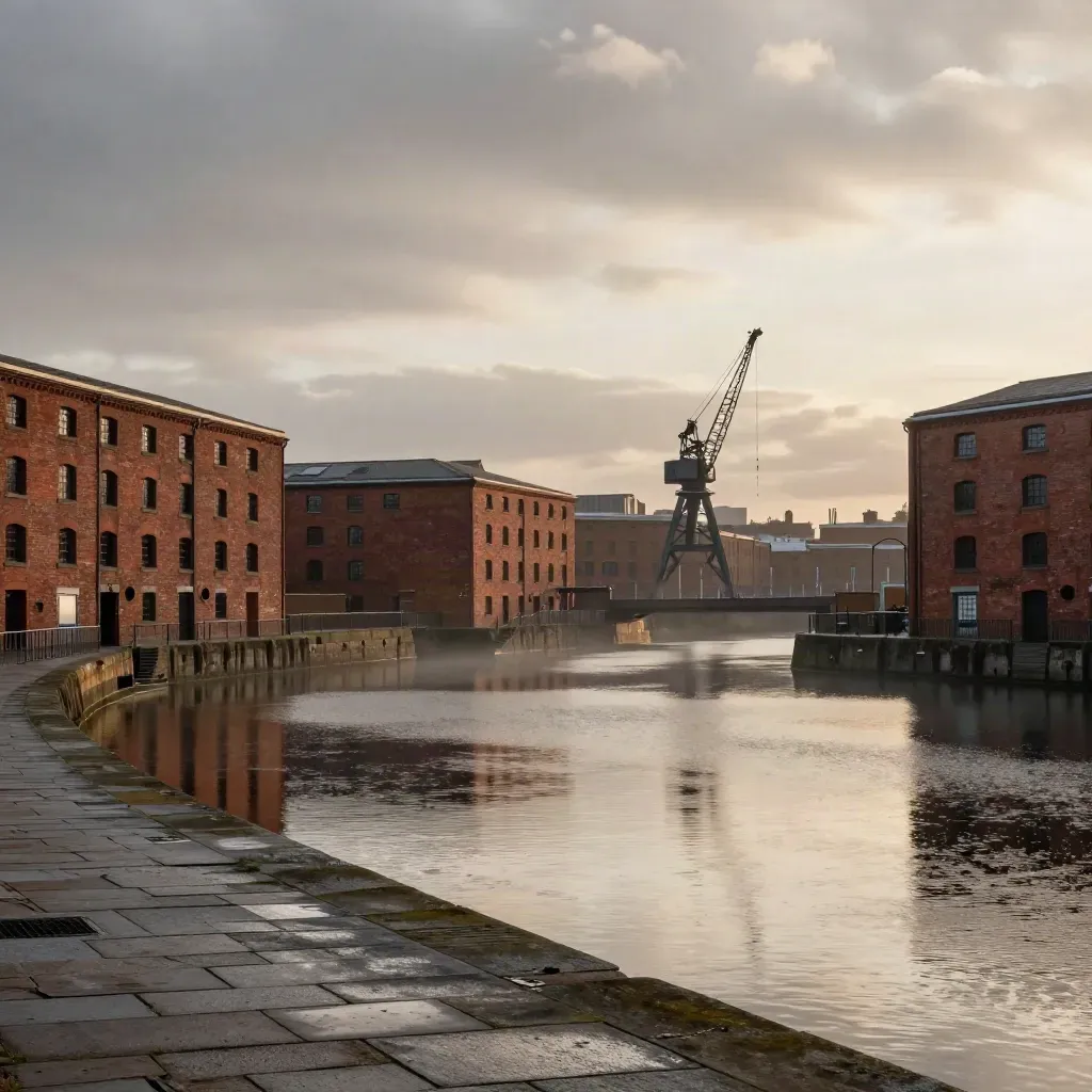 Elevated dockside view of red-brick warehouses, canal water and distant skyline under heavy cloud.