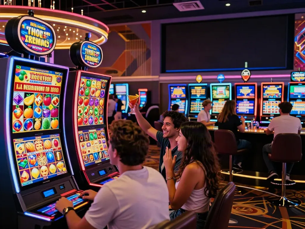 Celebrating friends at a vibrant casino featuring uk slots not on gamstop.