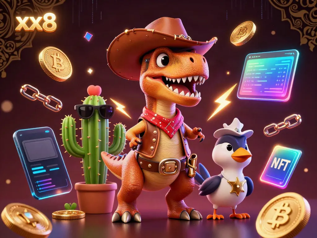Experience epic gaming with xx8 as a T-Rex cowboy and friends navigate a vibrant crypto casino.
