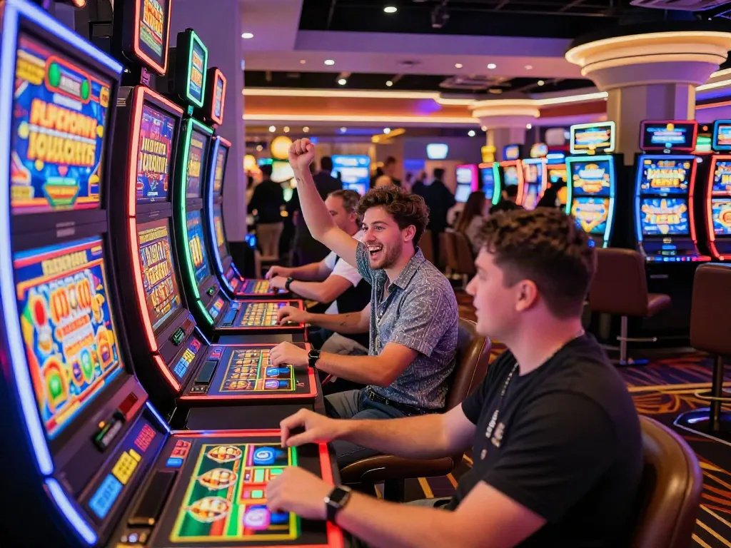 Exciting scene of players enjoying UK slots not on GamStop in a lively casino environment with colorful machines and joyful celebrations.