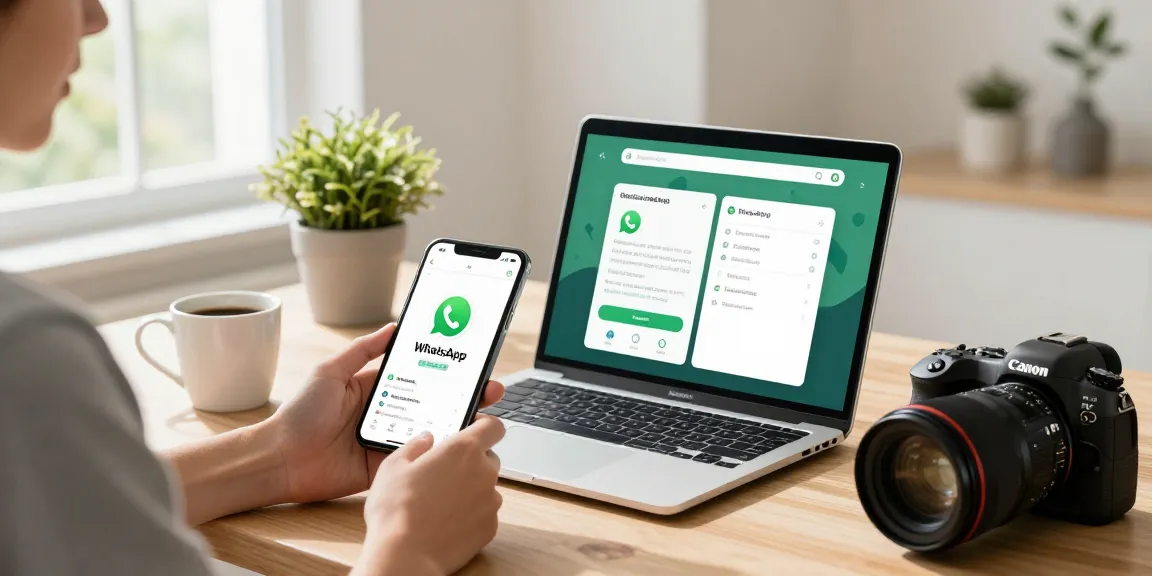 WhatsApp下載 process shown on modern devices in a cozy home office.