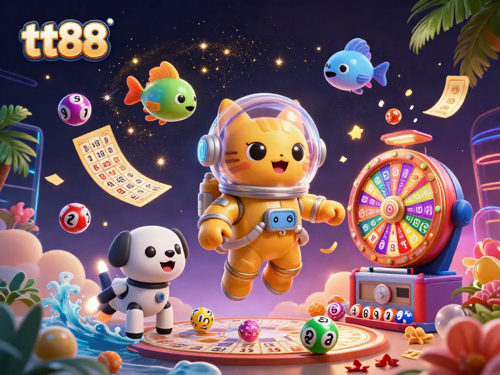 Engage with tt88's thrilling lottery experience, featuring vibrant numbered balls and dynamic casino elements.