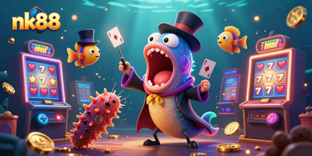 Experience thrilling casino excitement with nk88 depicted in vibrant underwater 3D illustration.