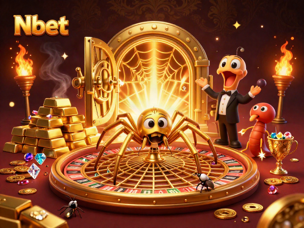 Nbet captures a thrilling casino scene with a golden spider and dynamic betting action.