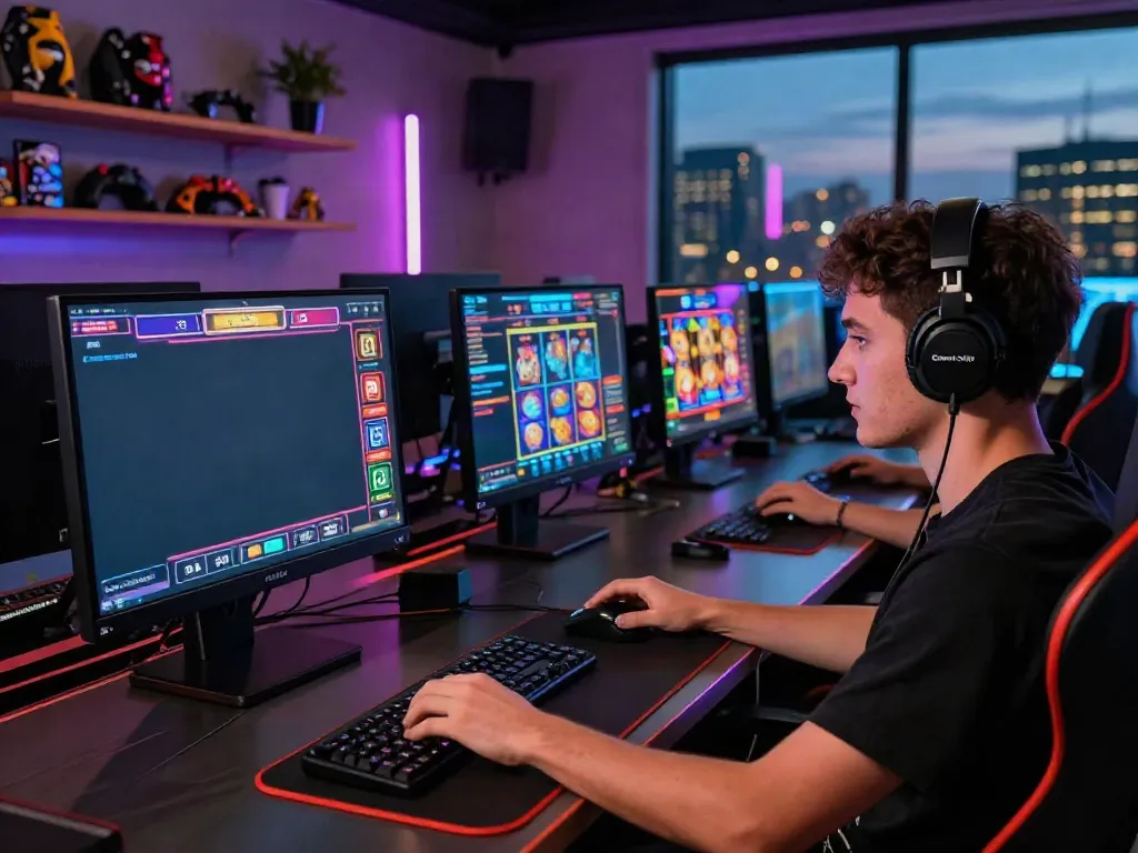 Player engaged with uk slots not on gamstop on a gaming laptop in a vibrant setup.