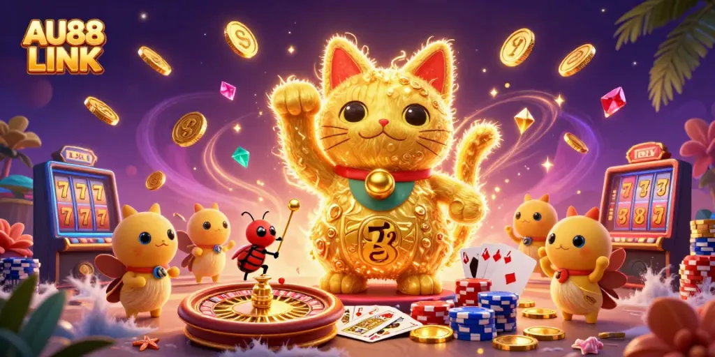 Engage with the magical world of AU88 LINK where a lucky cat and fireflies create vibrant casino excitement.