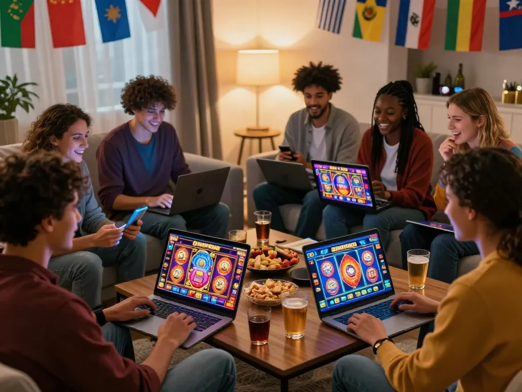 Group of friends enjoying UK slots not on GamStop in a cozy living room.