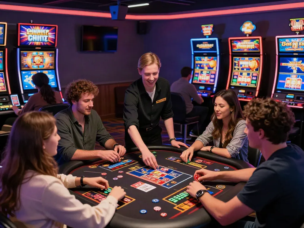Players enjoying UK slots not on GamStop in a vibrant online casino atmosphere.