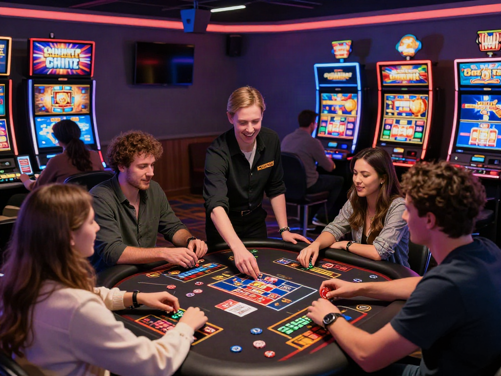 Players enjoying UK slots not on GamStop in a vibrant online casino atmosphere.