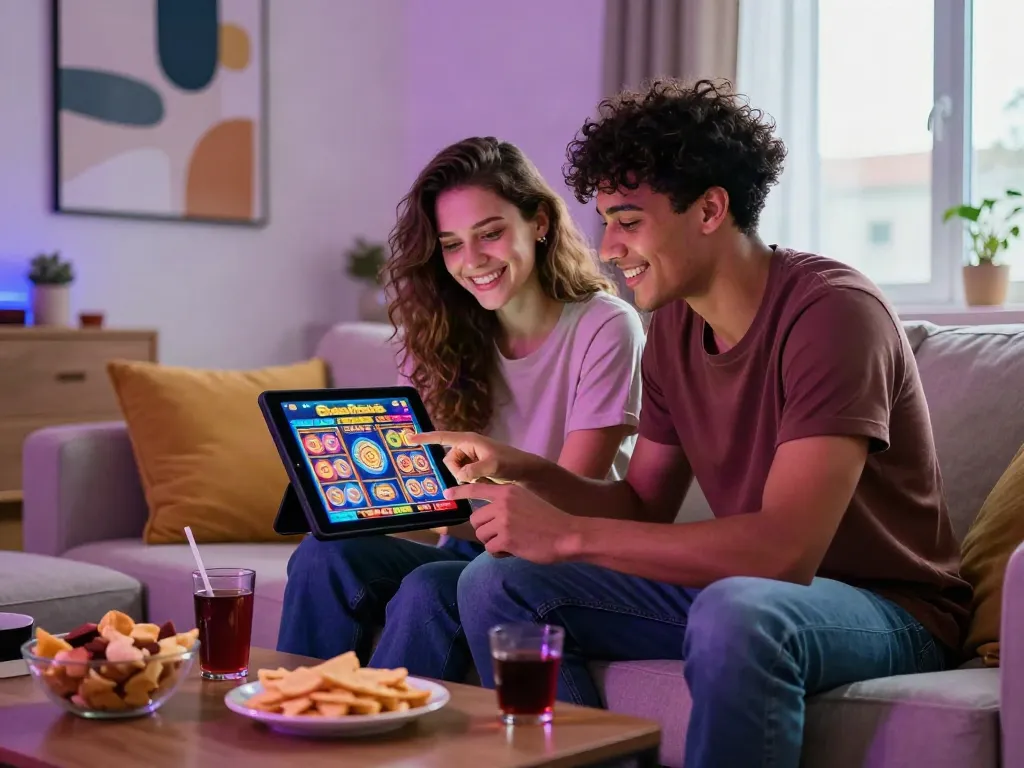 Engaged couple enjoying UK slots not on GamStop on their tablet in a cozy home.