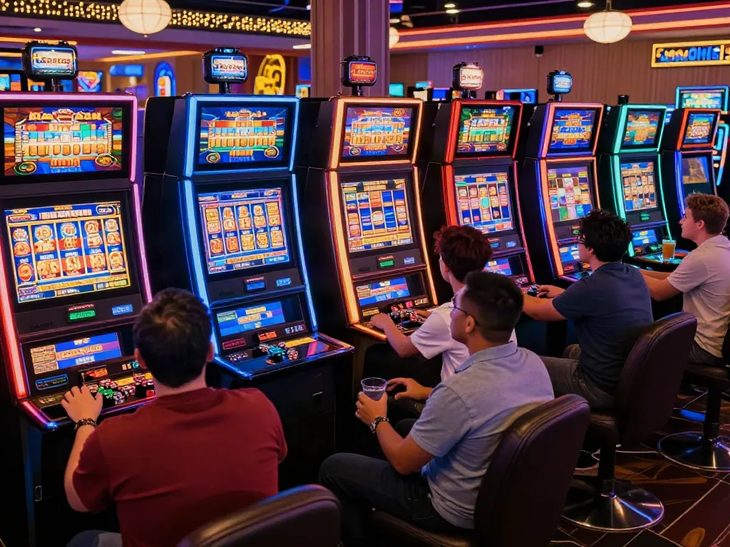 Players enjoying vibrant slot games not on GamStop in a lively casino atmosphere