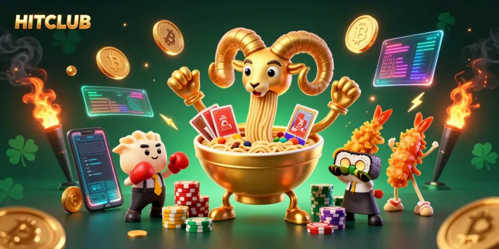 Engage with HITCLUB's vibrant casino scene featuring animated characters and crypto elements.
