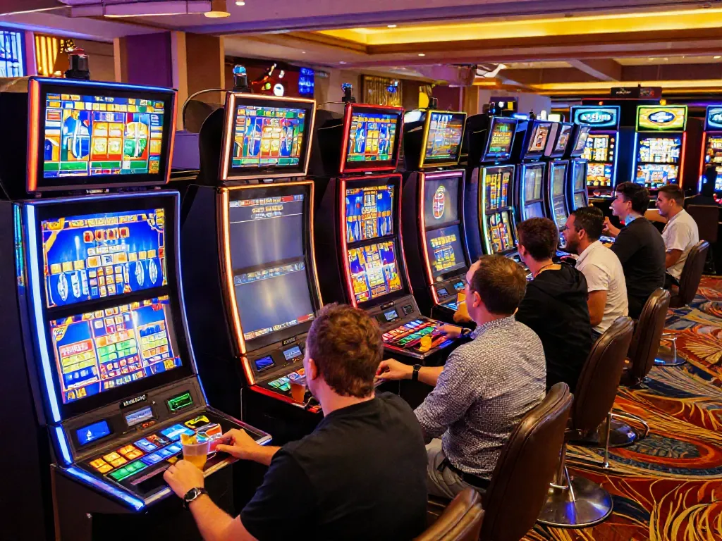 Players enjoying uk slots not on gamstop in a lively casino atmosphere with vibrant machines and drinks.
