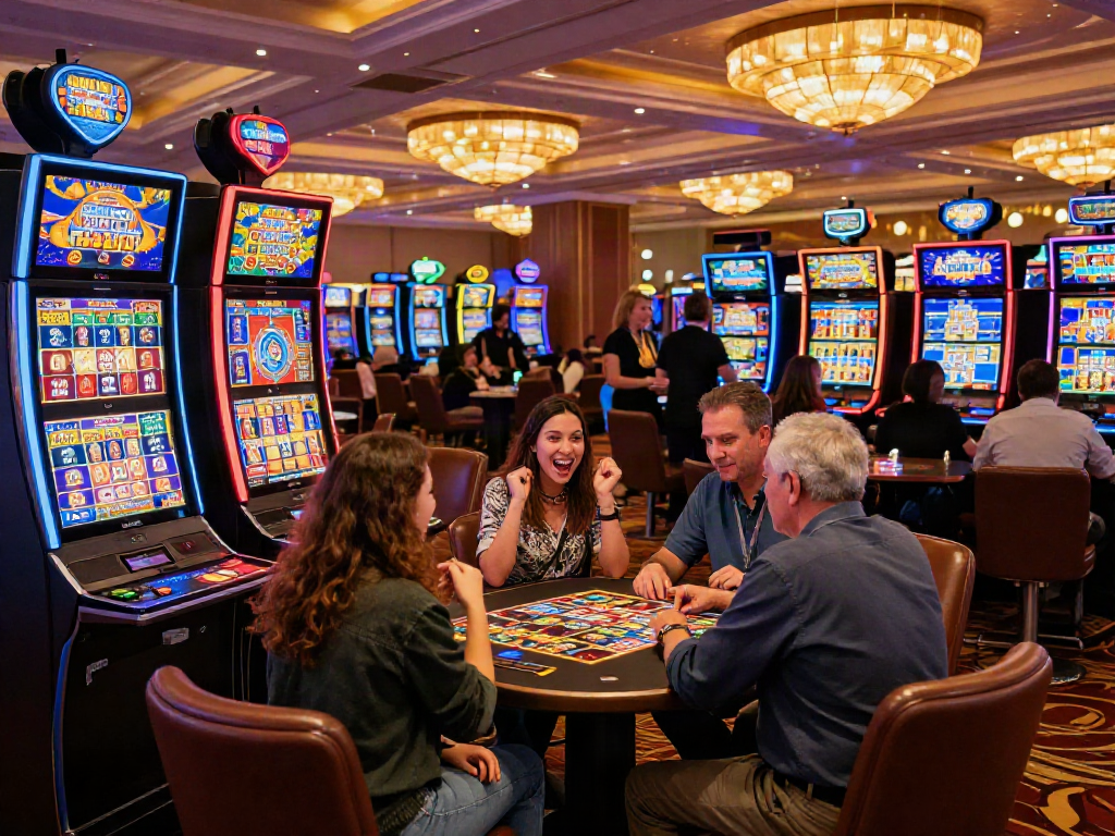 Excited players enjoying uk slots not on gamstop in a luxurious casino setting filled with vibrant lights and engaging atmosphere.