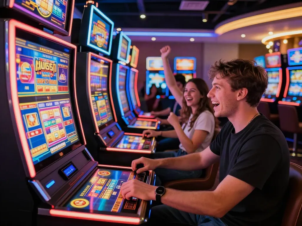 Engaging player enjoying UK slots not on gamstop in a vibrant casino setting.