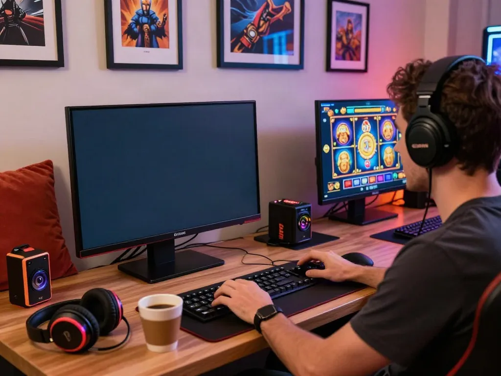 Player enjoying uk slots not on gamstop at a vibrant gaming setup