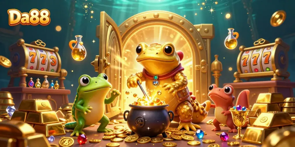 Engage with Da88's captivating casino scene featuring golden alchemy and vibrant slot elements.