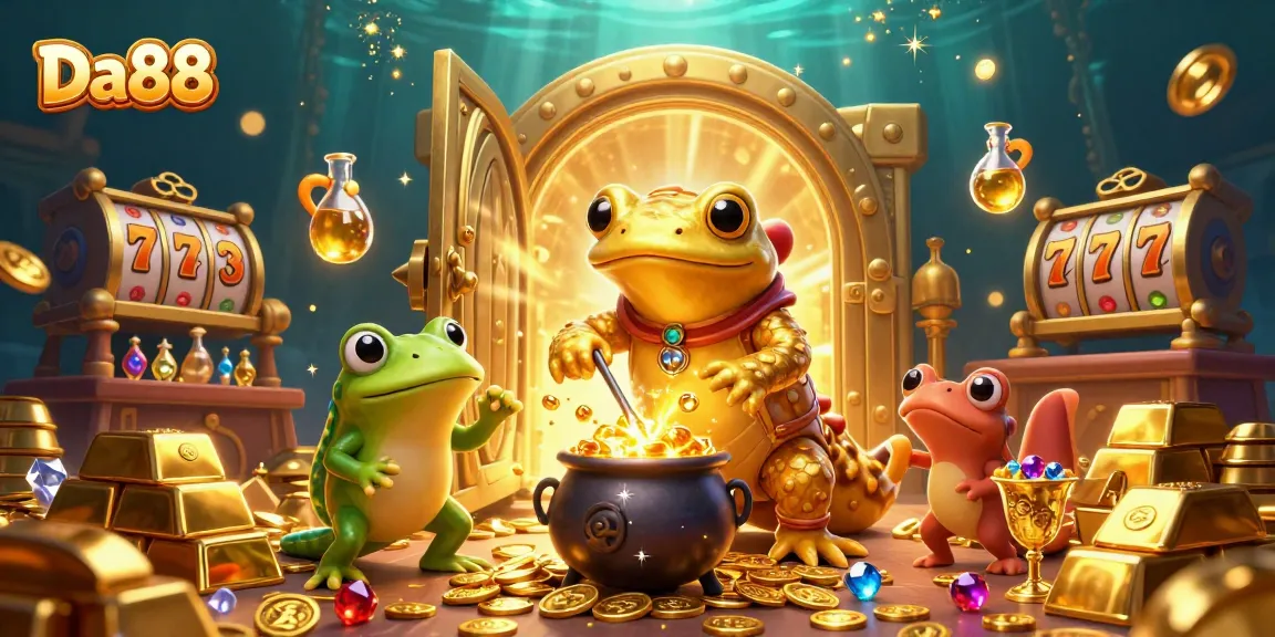 Engage with Da88's captivating casino scene featuring golden alchemy and vibrant slot elements.