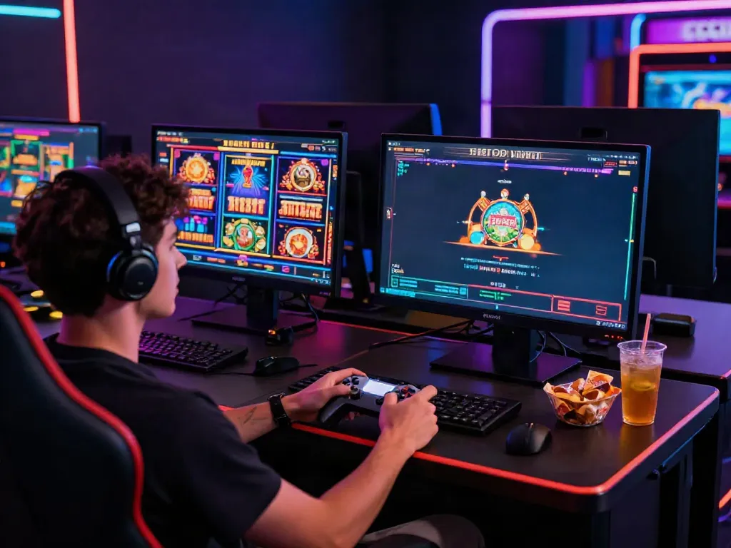 Player enjoying online slots not on GamStop with LED lights and snacks
