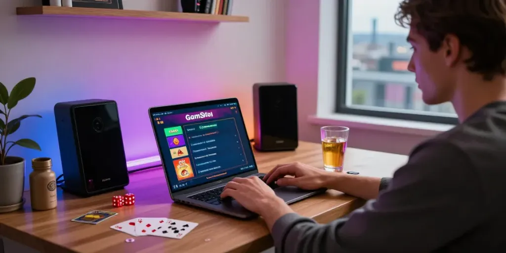 Player enjoying UK slots not on GamStop in a modern home setup with vibrant decor.