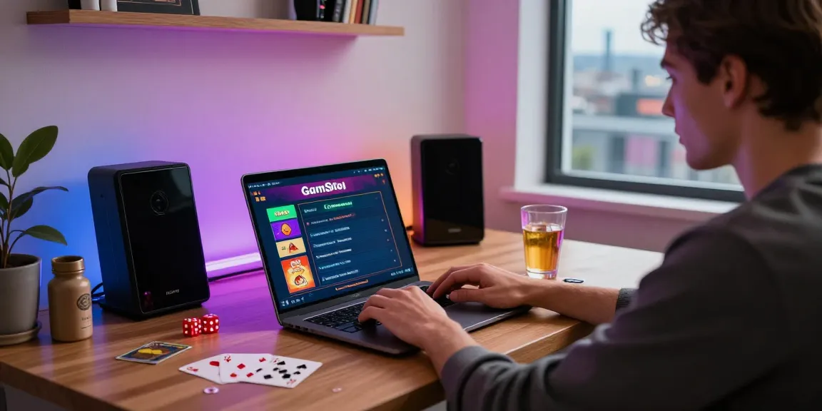 Player enjoying UK slots not on GamStop in a modern home setup with vibrant decor.
