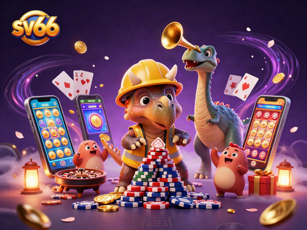 Engage in thrilling gameplay at sv66 with a vibrant casino scene featuring a triceratops and its friends.