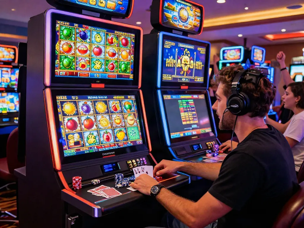 Exciting gaming setup with uk slots not on gamstop filled with colorful slot machines and vibrant lighting.