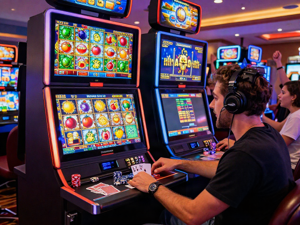 Exciting gaming setup with uk slots not on gamstop filled with colorful slot machines and vibrant lighting.