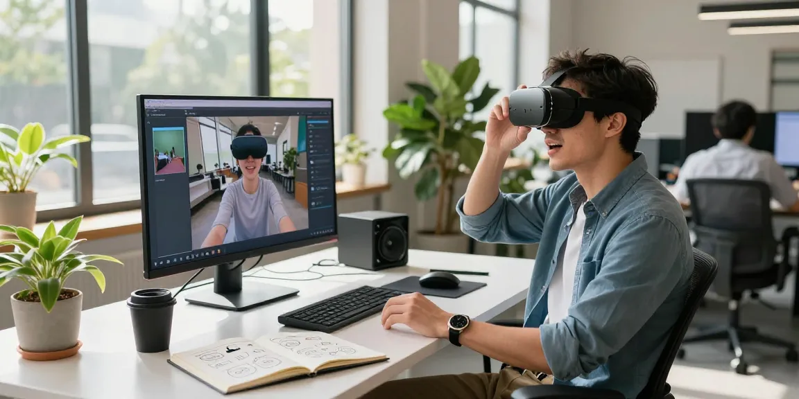 User interacting with AR glasses in a vibrant co-working space, highlighting innovation in augmented reality technology.