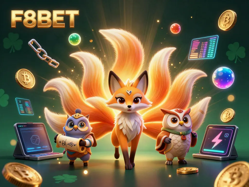 Join the excitement of F8BET with a vibrant scene showcasing a nine-tailed fox spirit and wise owl in a crypto casino.