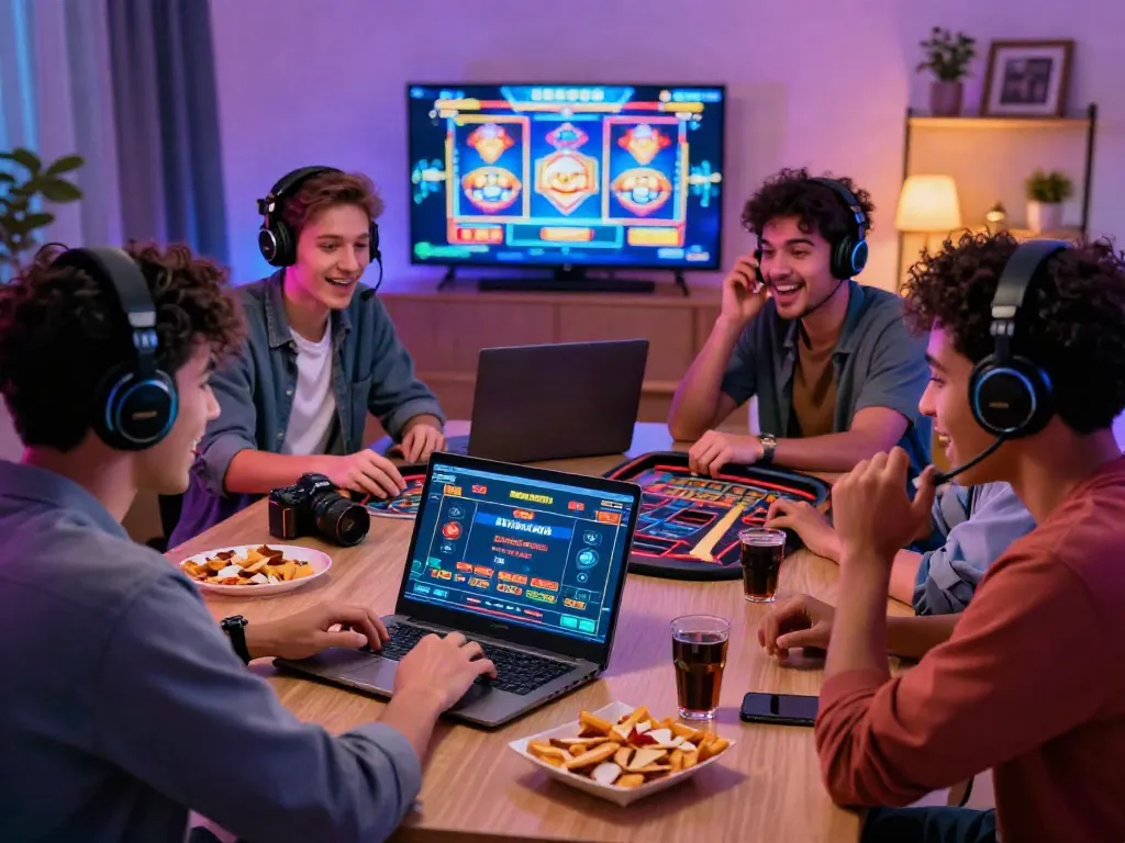 Group of friends enjoying a gaming session, exploring UK slots not on GamStop in a cozy living room.