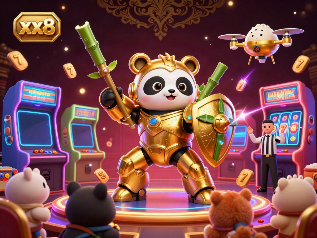 Engage with the thrilling xx8 casino experience featuring a golden mech-panda in a vibrant gaming arena.