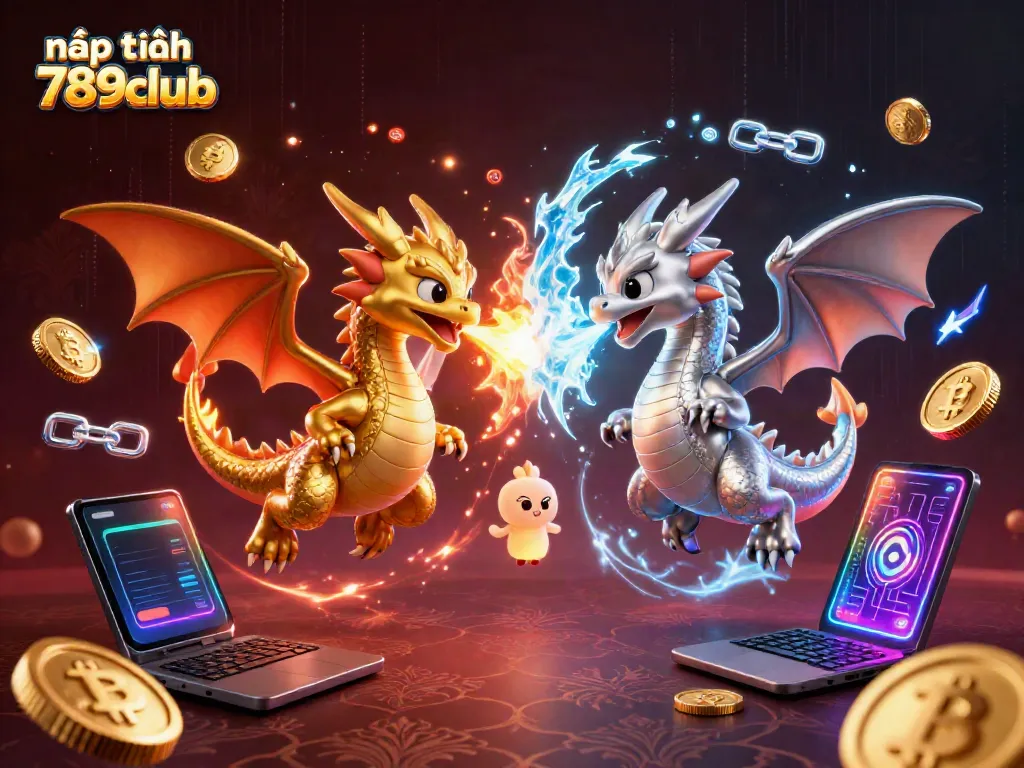 Engage in nạp tiền 789club with twin dragons showcasing gaming elements and vibrant energy.