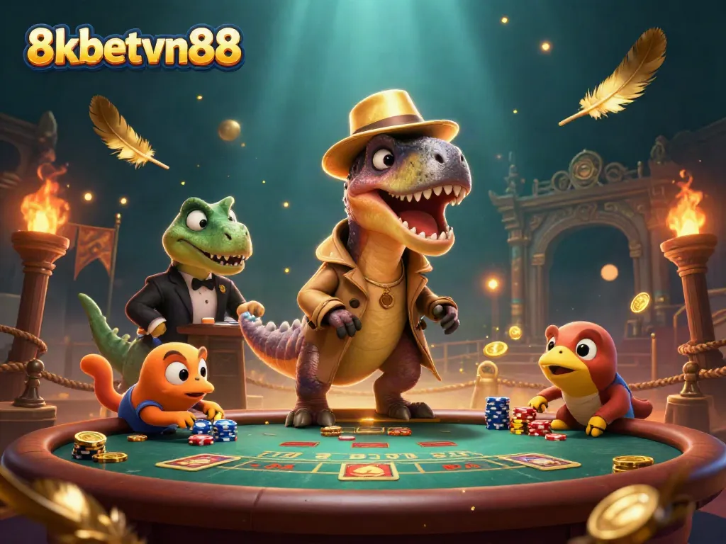 Experience thrilling action at 8xbetvn88 as a velociraptor card counter dodges a stegosaurus pit boss in a dynamic casino scene.