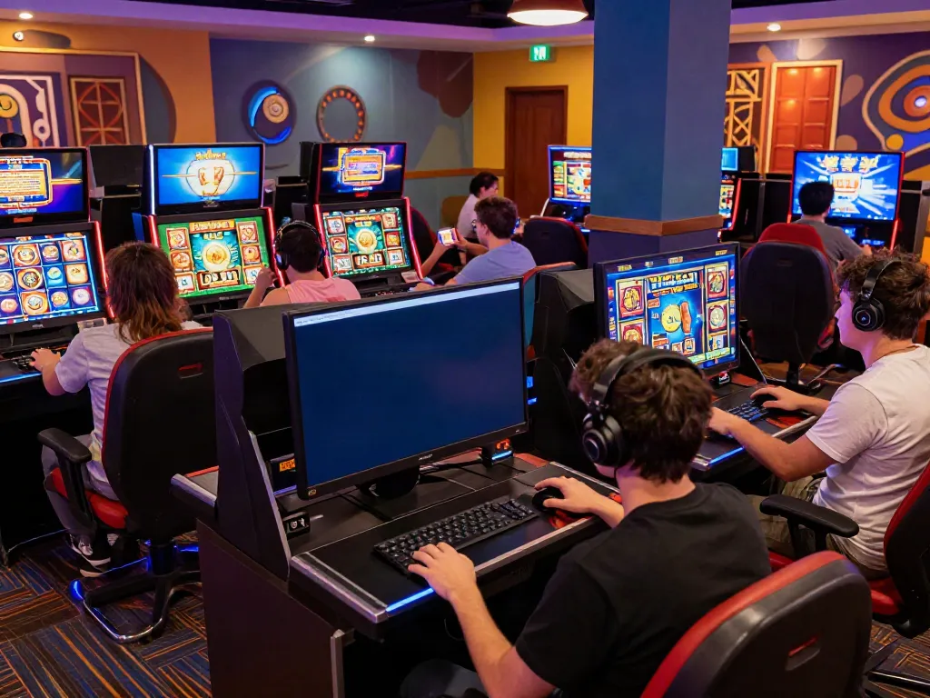 Engaging scene of players enjoying online slots at vibrant gaming stations, focusing on uk slots not on gamstop.