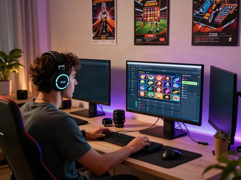 Engaged gamer exploring 1da88.it.com in a vibrant online gaming setup.