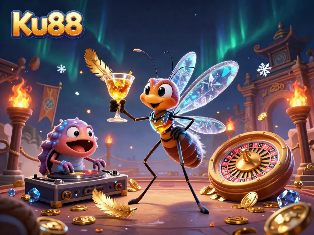 Engage with Ku88's lively casino scene featuring a cocktail-holding mascot and a spinning trilobite DJ.
