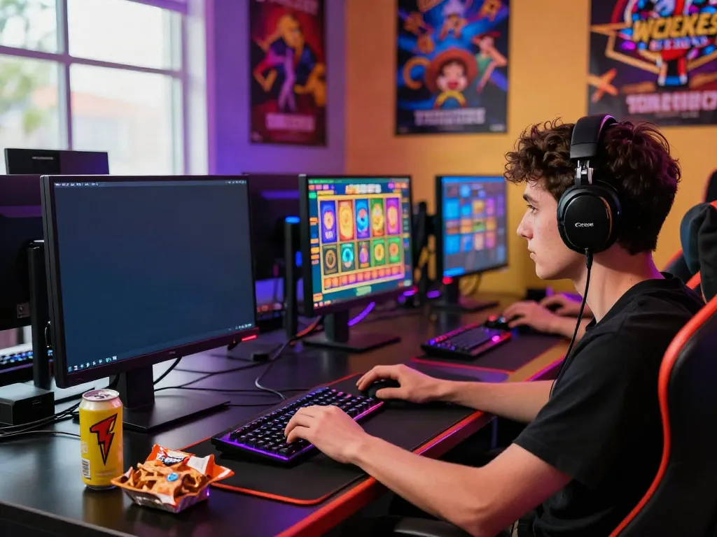 Engaged gamer exploring uk slots not on gamstop in vibrant online gaming setup.