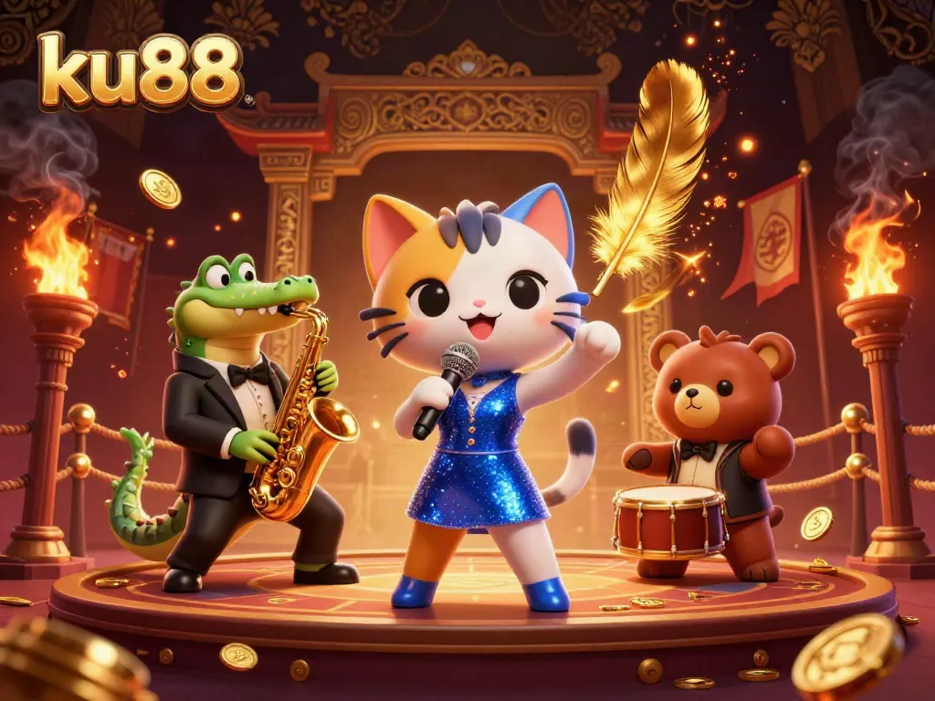 Join the excitement at ku88, where a jazzy cat, crocodile, and bear entertain among casino elements.