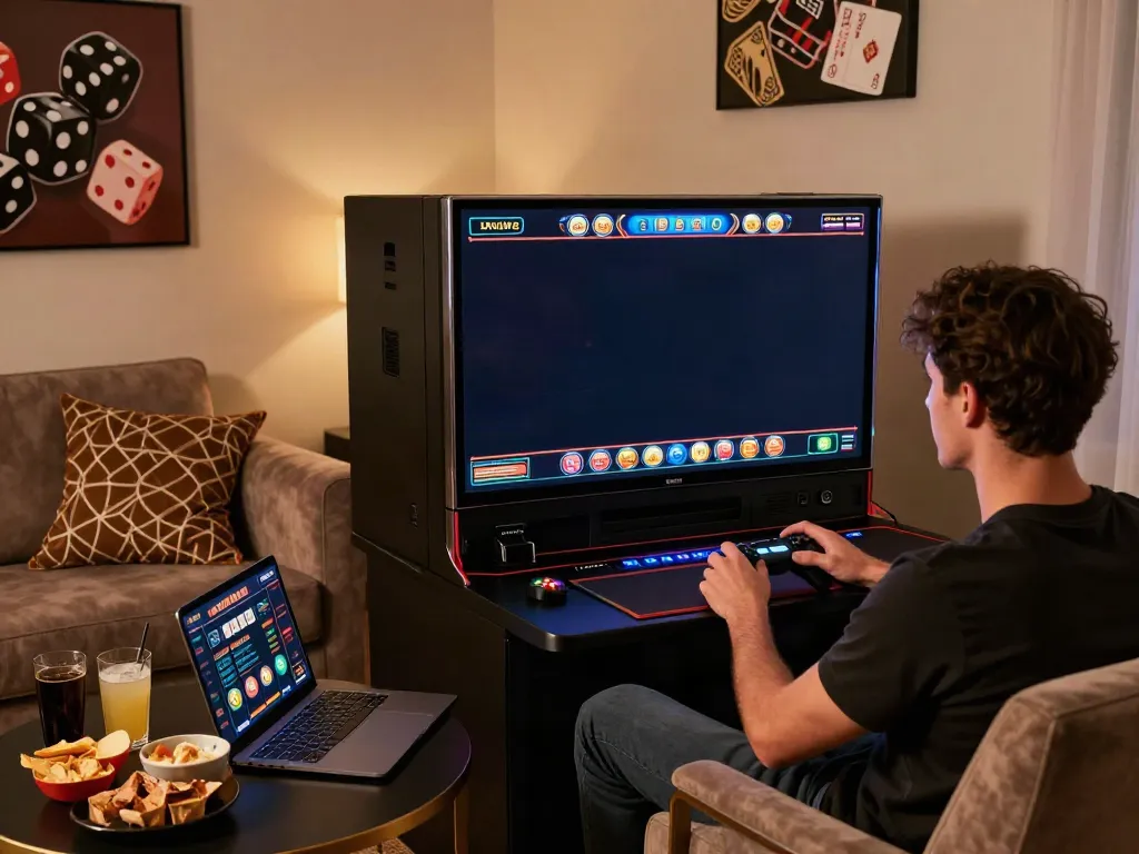 Engaged player enjoying uk slots not on gamstop in a cozy living room gaming setup