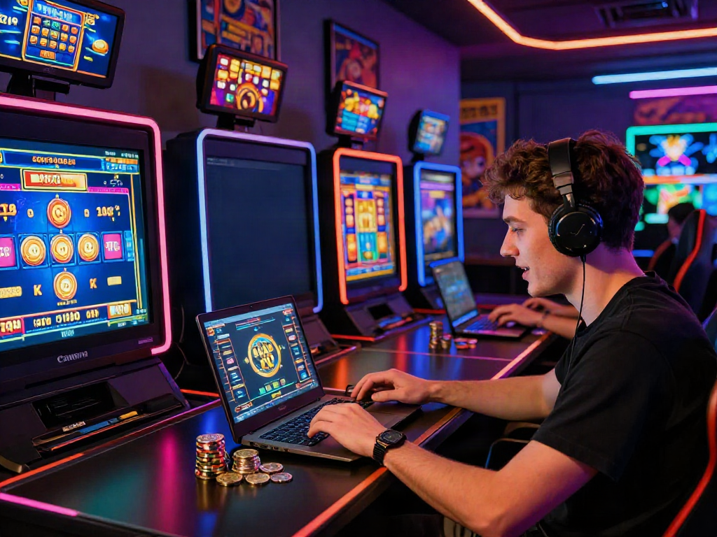 Exciting UK slots not on GamStop gaming scene with player engaged at modern table