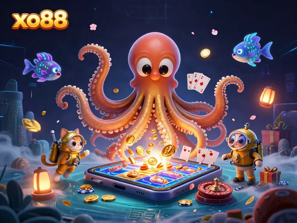 Experience thrilling gameplay at xo88 with a colossal kraken, diving cat, and vibrant casino elements.