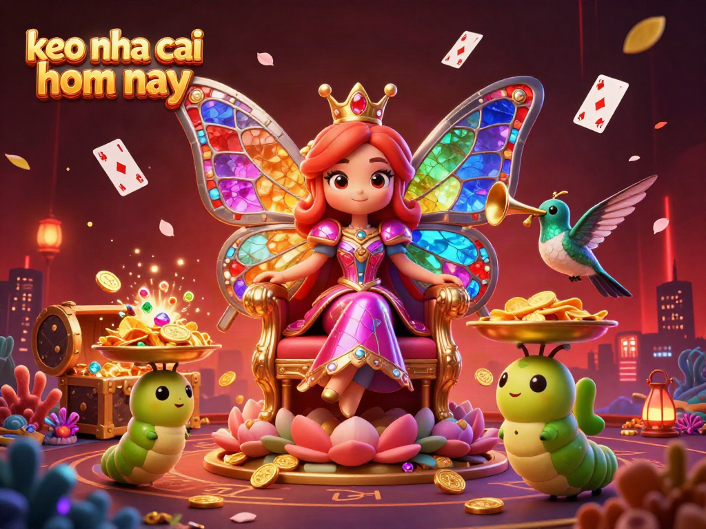 Engage with the vibrant scene featuring keo nha cai hom nay with a butterfly queen presiding over a bustling casino atmosphere, showcasing rich colors and dynamic elements.