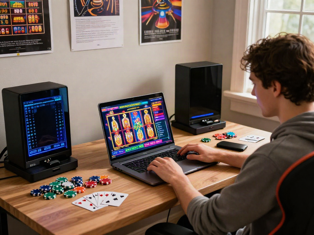 Engaging scene of a gamer exploring UK slots not on GamStop at a stylish home office.