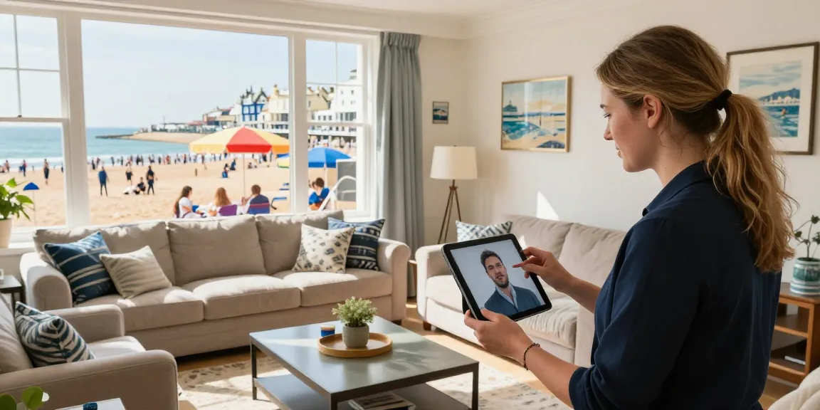short-let property management Brighton showcased with a property manager at a coastal rental, vibrant atmosphere by the beach.