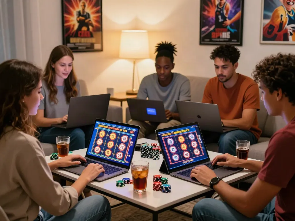 Friends enjoying UK slots not on GamStop in a lively home gaming environment.