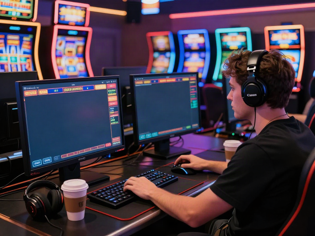 Exciting scene of a player enjoying uk slots not on gamstop in a vibrant online casino setup