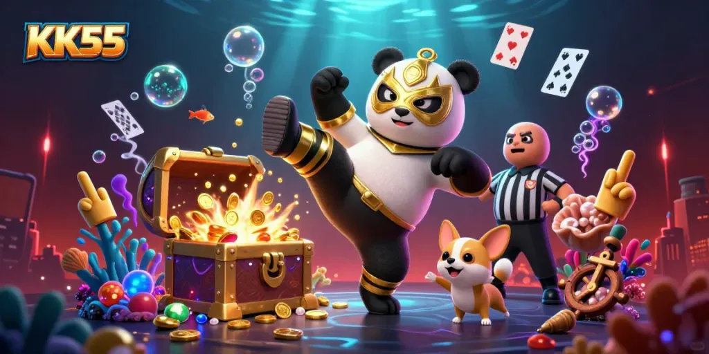 KK55 promotions in an exciting casino scene featuring a panda wrestler and animal spectators celebrating big wins.